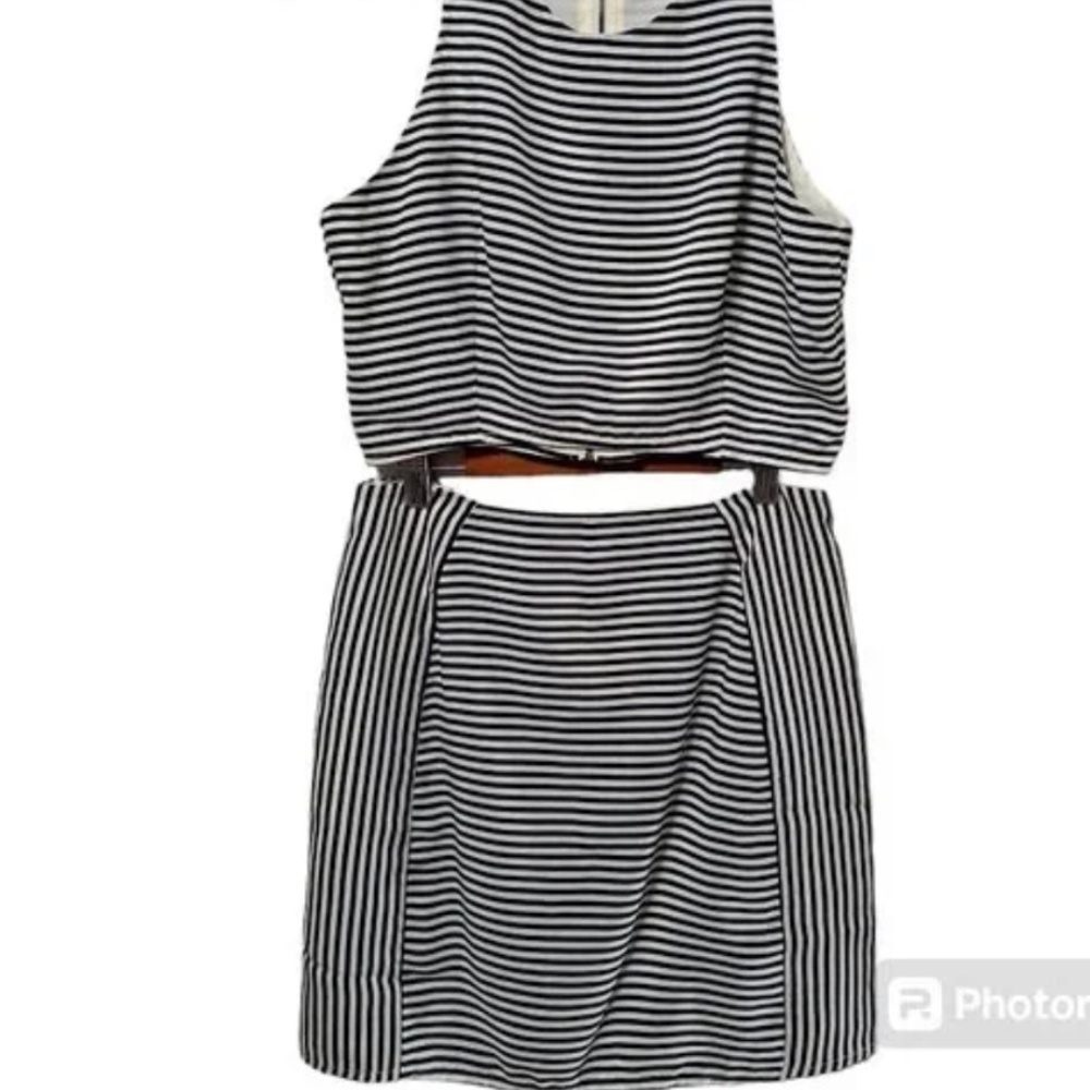 Tobi Crop Halter Neck Top Mini Pencil Skirt Set Navy White Strip Coastal Trendy